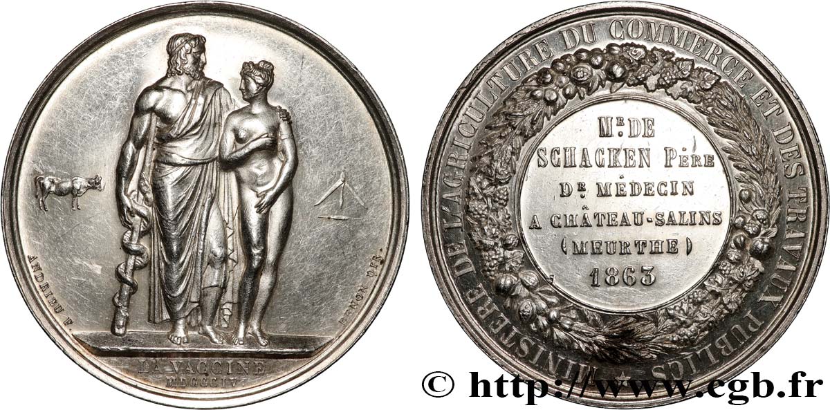 SECOND EMPIRE Médaille, La Vaccine, Ministère de l’agriculture, du commerce et des travaux publics TTB