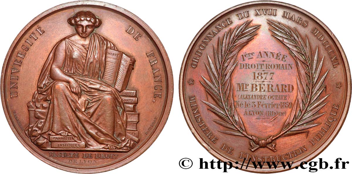 TROISIÈME RÉPUBLIQUE Médaille, 1ère année, Droit romain, Faculté de droit de Lyon TTB