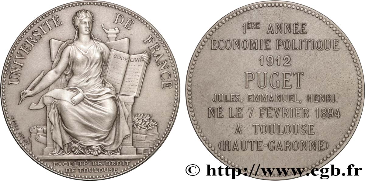 TERCERA REPUBLICA FRANCESA Médaille, Faculté de droit de Toulouse, Économie politique EBC