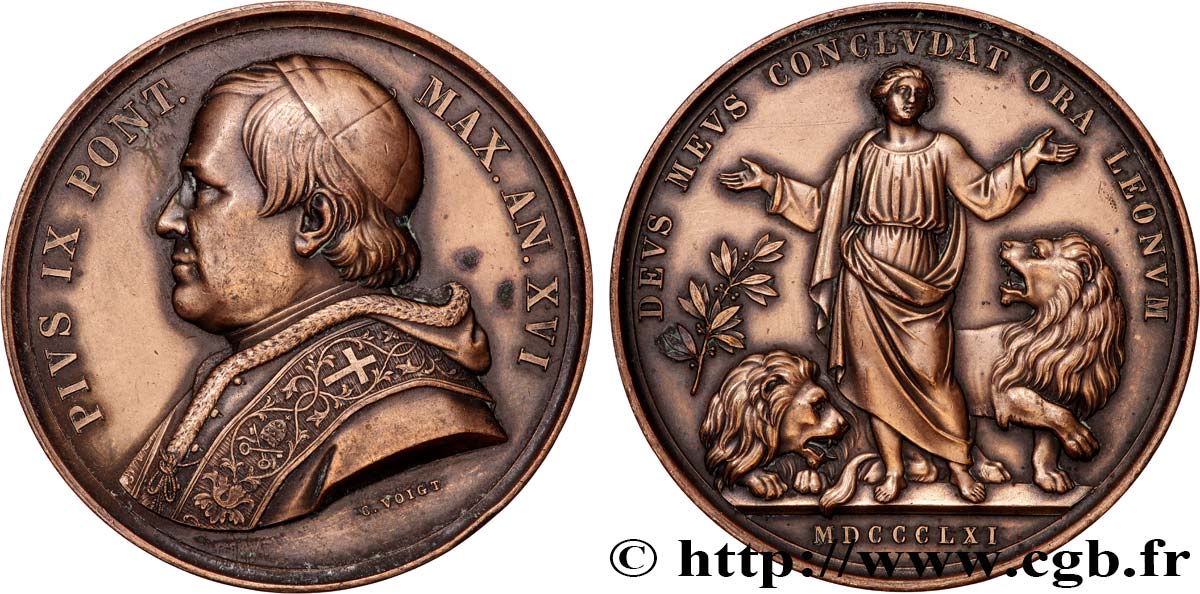 ITALY - PAPAL STATES - PIUS IX (Giovanni Maria Mastai Ferretti) Médaille, Daniel et les lions, Refrappe AU