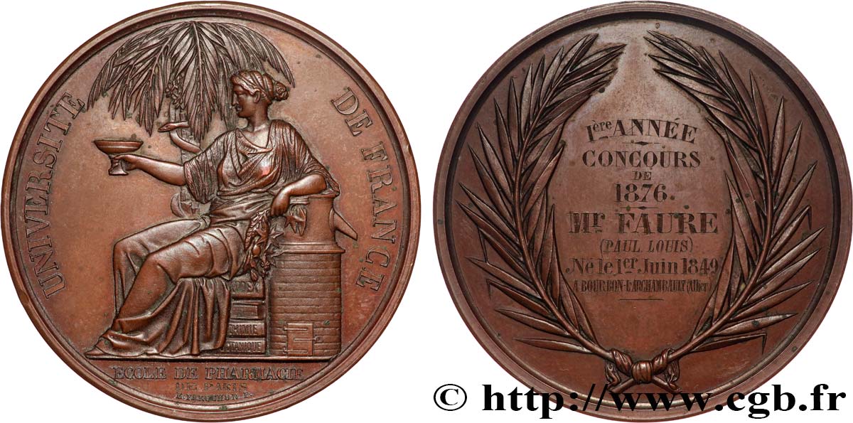 TERCERA REPUBLICA FRANCESA Médaille, École de Pharmacie, Concours MBC+