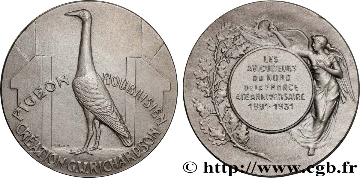 TERCERA REPUBLICA FRANCESA Médaille, 40e anniversaire, Les aviculteurs du nord, Pigeon roubaisien EBC/MBC+