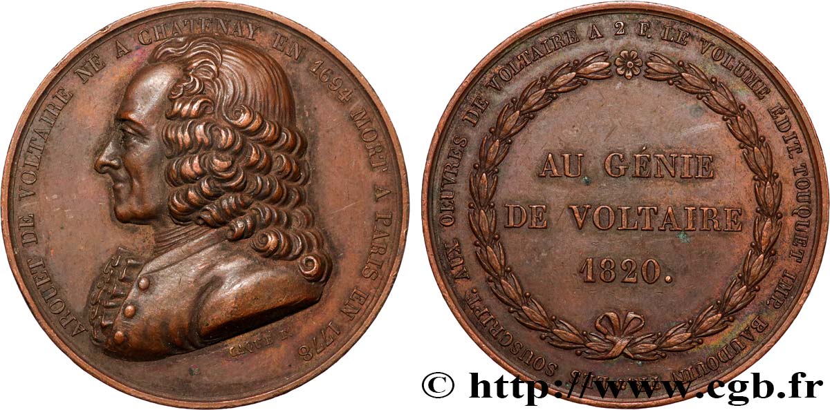 LOUIS XVIII Médaille, François-Marie Arouet dit Voltaire, Au génie de Voltaire XF