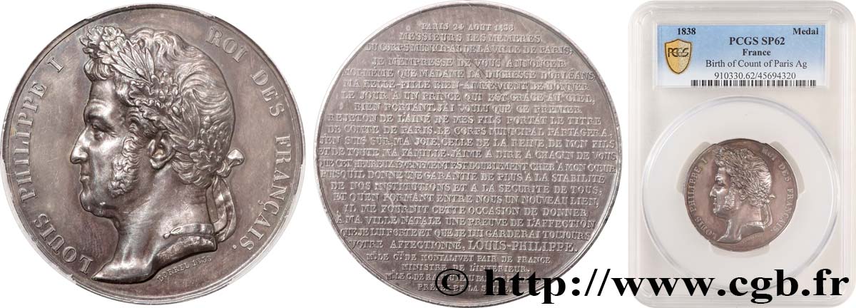 LUIS FELIPE I Médaille, Naissance du Comte de Paris, Louis-Philippe-Albert d’Orléans EBC62