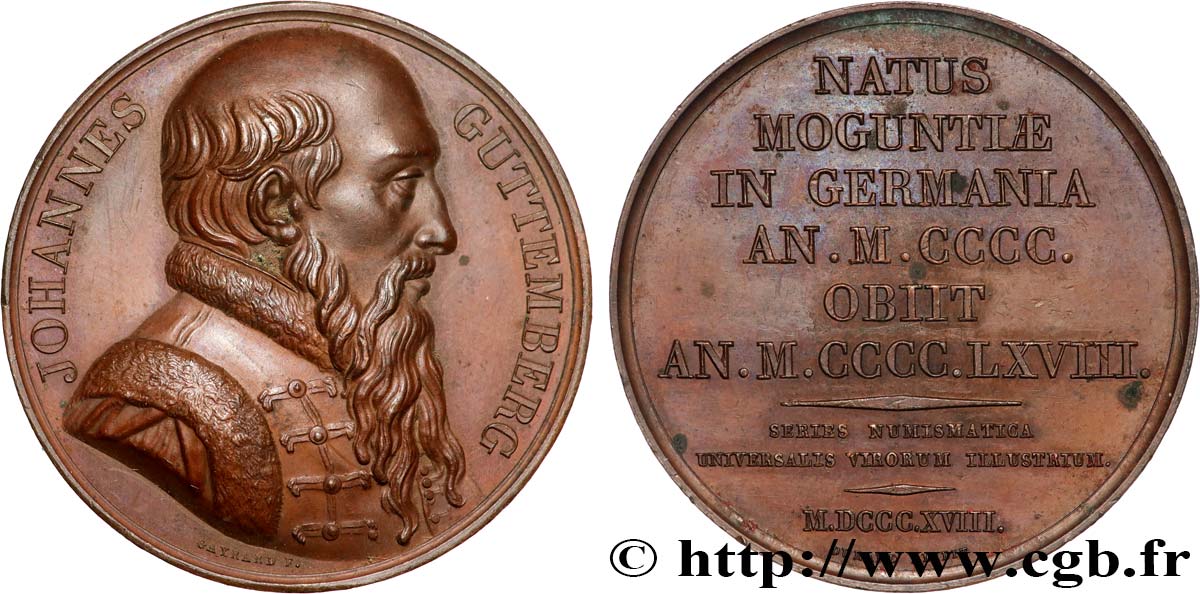 SÉRIE NUMISMATIQUE DES HOMMES ILLUSTRES Médaille, Johannes Guttemberg EBC/MBC+