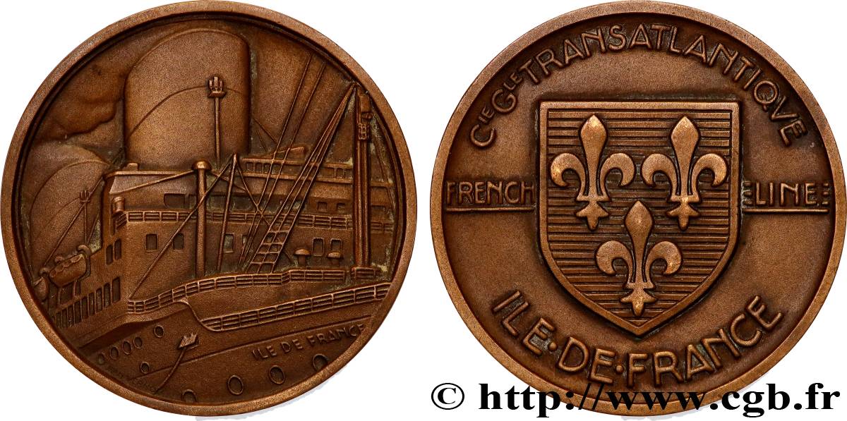 TROISIÈME RÉPUBLIQUE Médaille, Paquebot Ile-de-France, Compagnie Générale Transatlantique TTB+