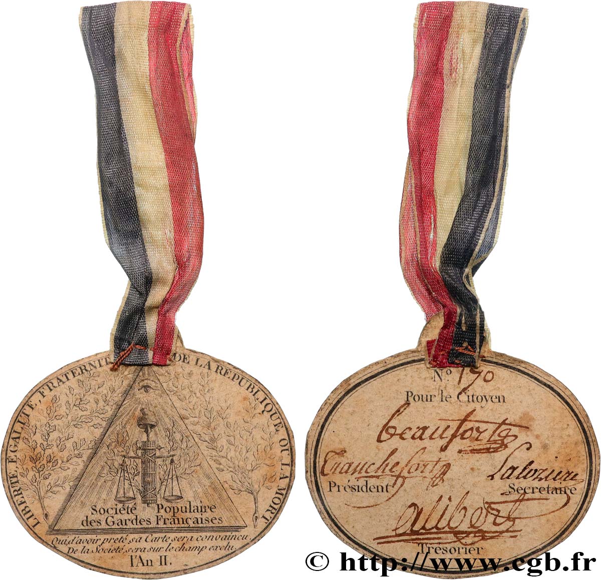 LA CONVENTION Médaille, Carte de membre, Société Populaire des Gardes Françaises TTB