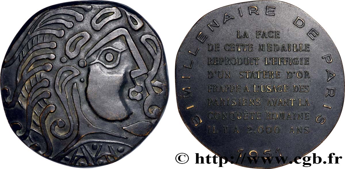 CUARTA REPUBLICA FRANCESA Médaille, Statère d’or des Parisii, Bimillénaire de Paris, refrappe MBC+