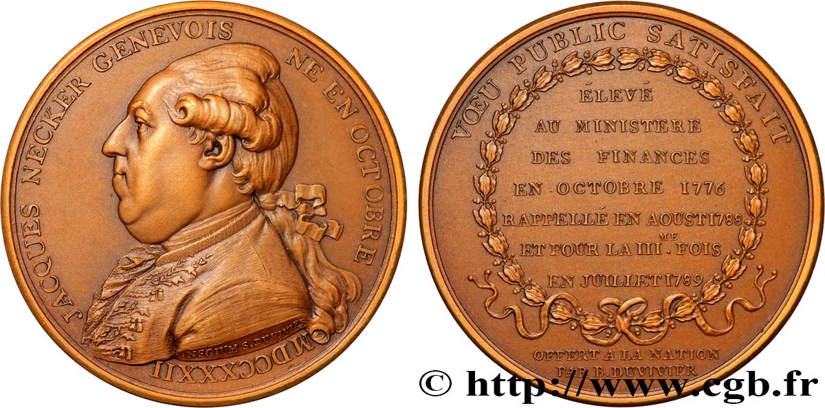 LOUIS XVI Médaille, Jacques Necker, refrappe AU