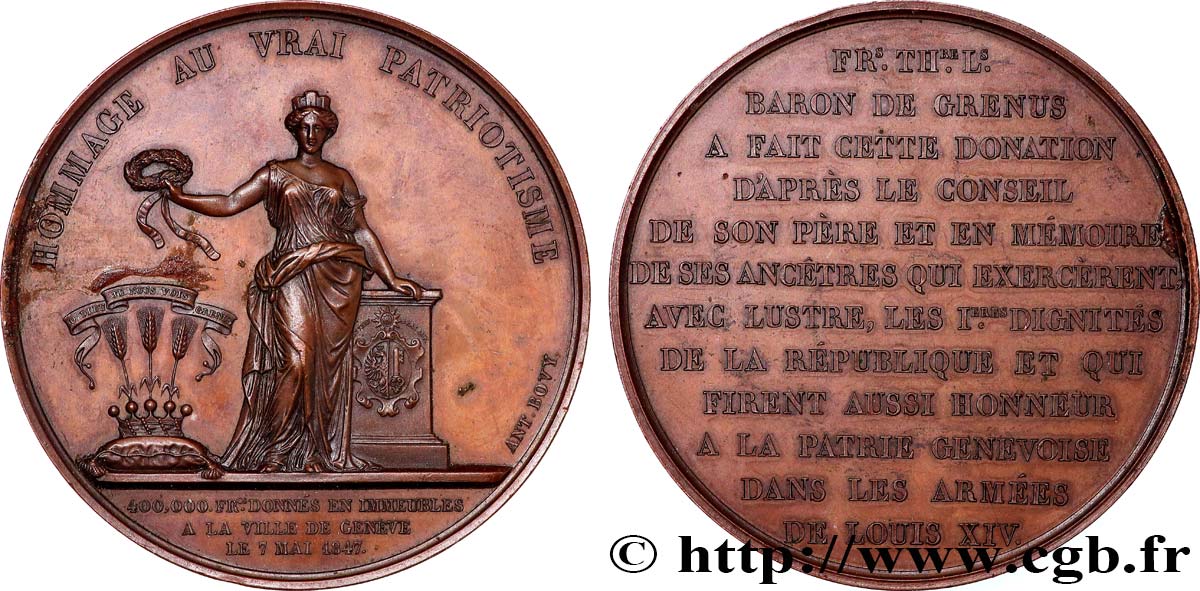 SUISA - REPUBLICA DE GINEBRA Médaille, Hommage au vrai patriotisme, Baron de Grenus MBC+/EBC