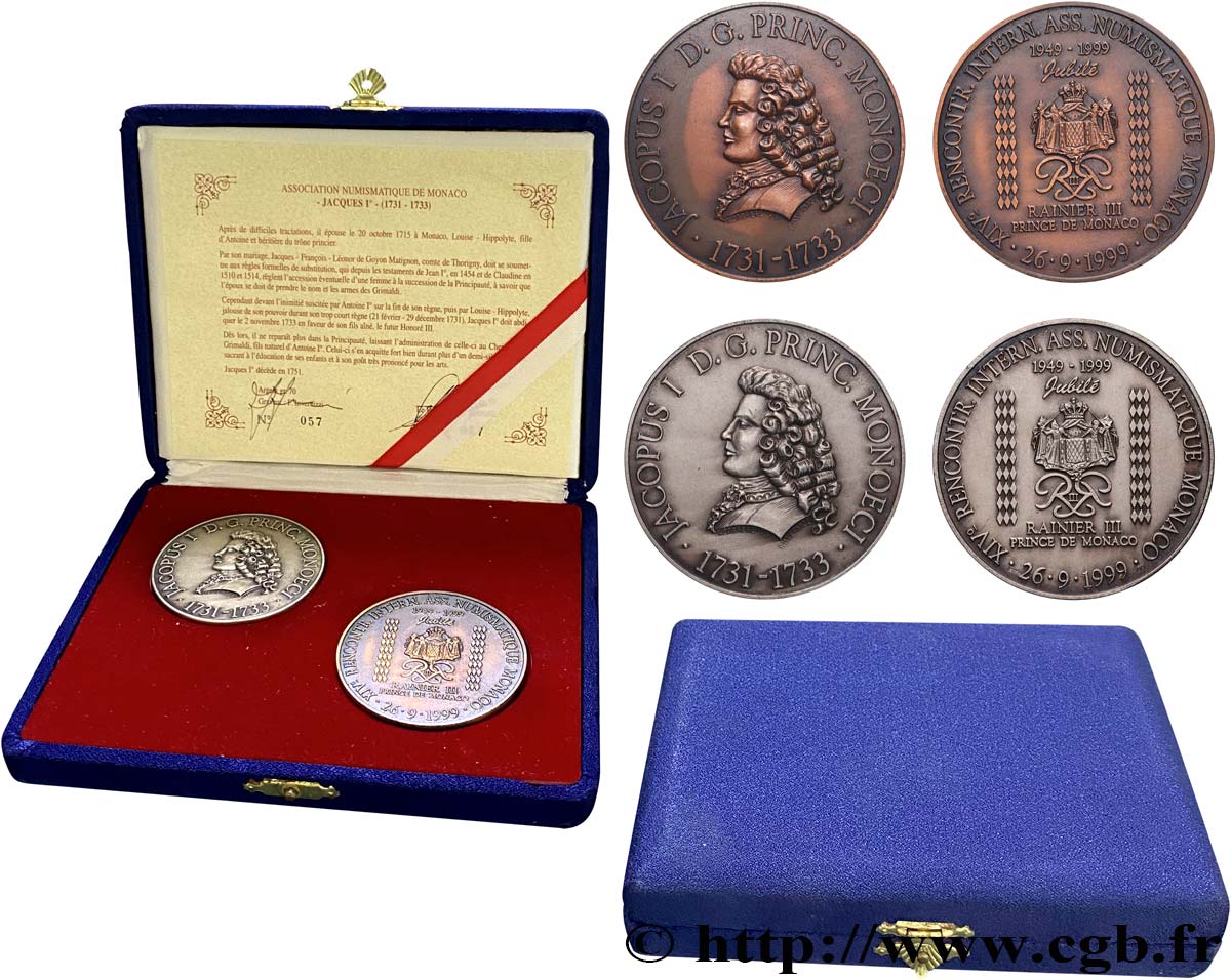 MONACO Coffret de 2 médailles, Jubilé de Rainier III, 14e rencontres numismatiques SPL