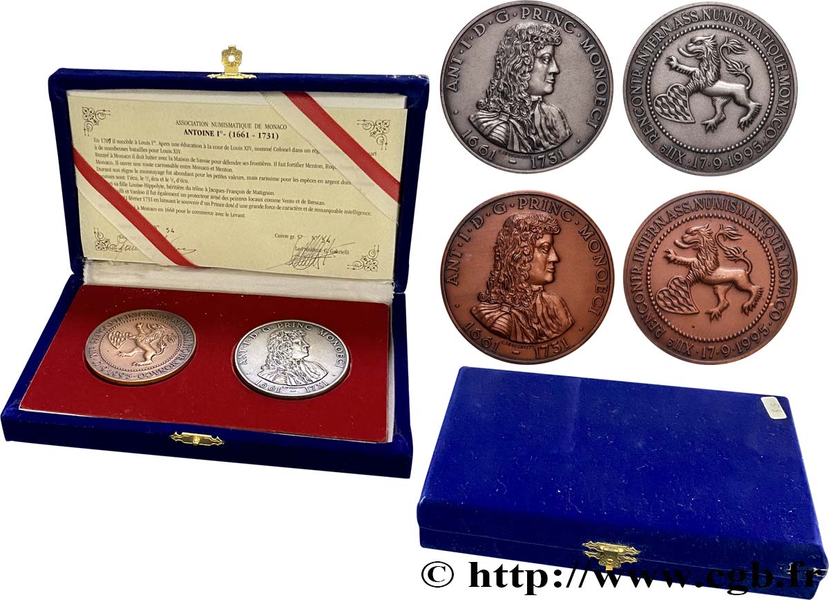 MONACO Coffret de 2 médailles, Antoine Ier de Monaco, 14e rencontres numismatiques AU