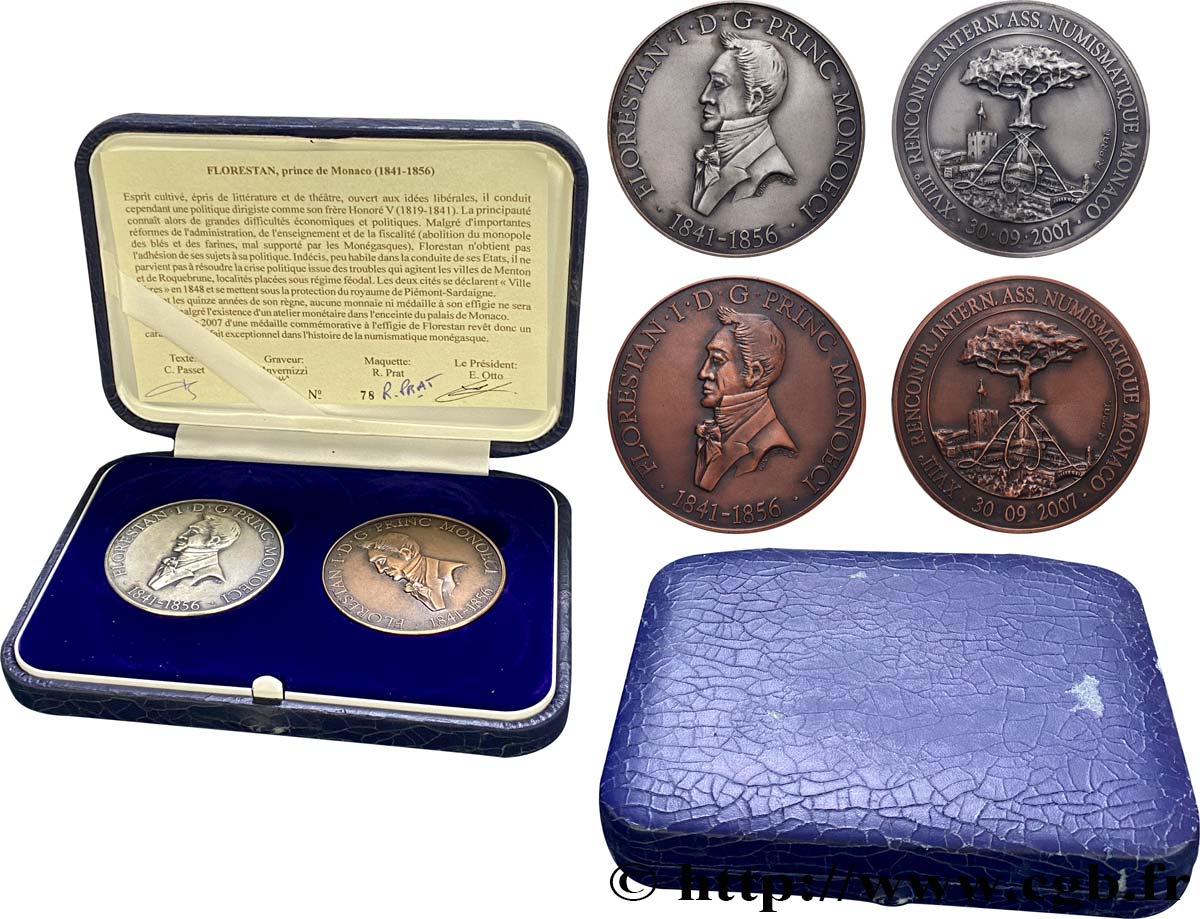 MONACO Coffret de 2 médailles, Prince Florestan, 18e rencontres numismatiques VZ