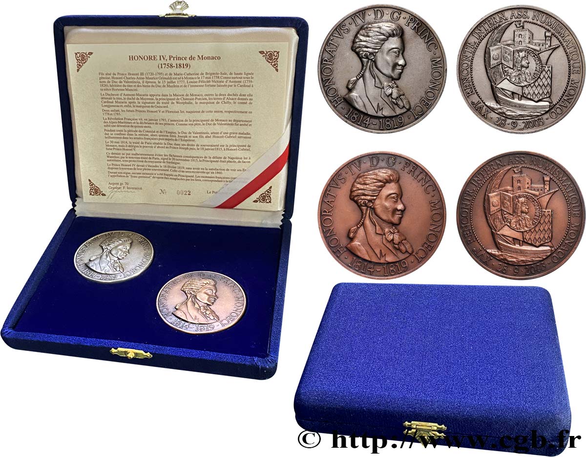 MONACO Coffret de 2 médailles, Prince Honoré IV, 16e rencontres numismatiques AU