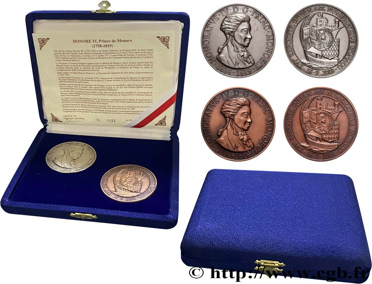 MONACO Coffret de 2 médailles, Prince Honoré IV, 16e rencontres numismatiques AU