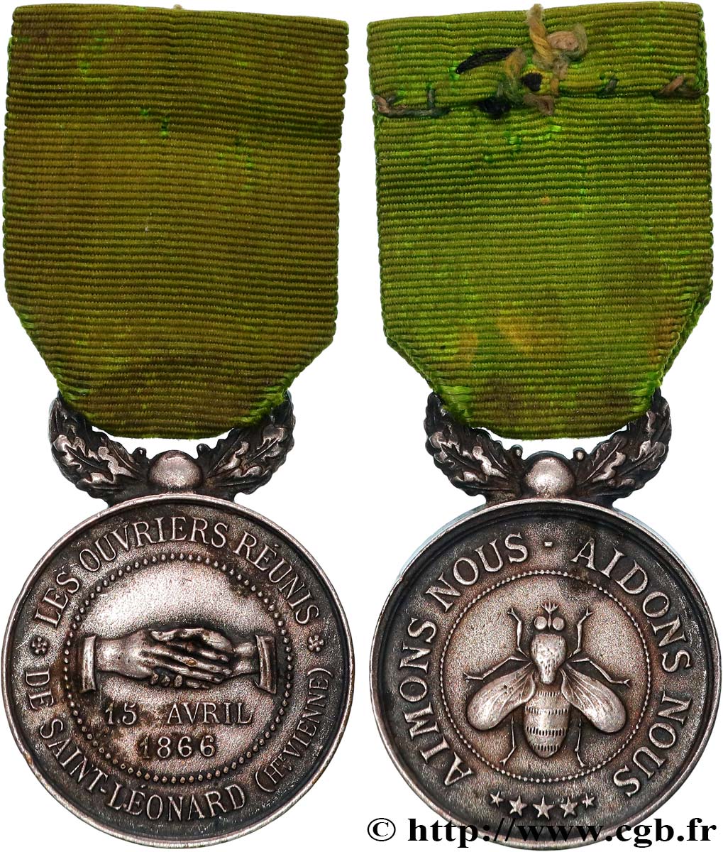 INSURANCES Médaille, Société de secours mutuels, Les ouvriers réunis de Saint-Léonard XF