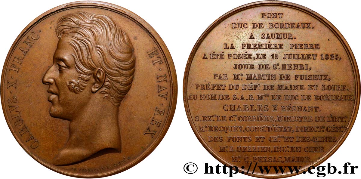 CARLOS X Médaille, Première pierre du pont du duc de Bordeaux à Saumur EBC