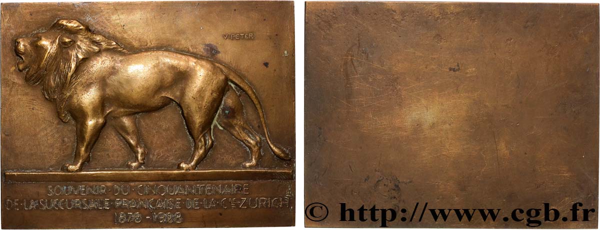 TROISIÈME RÉPUBLIQUE Plaque, Souvenir du cinquantenaire de la succursale française de la Compagnie Zurich TTB