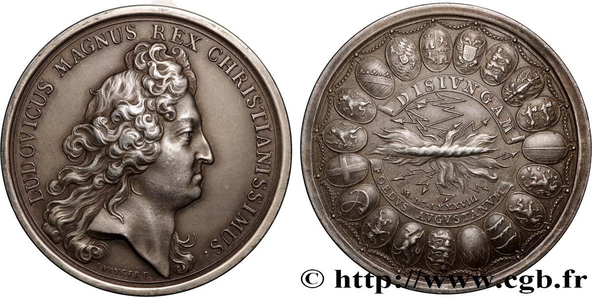 LOUIS XIV  THE SUN KING  Médaille, Ligue d Augsbourg, refrappe AU