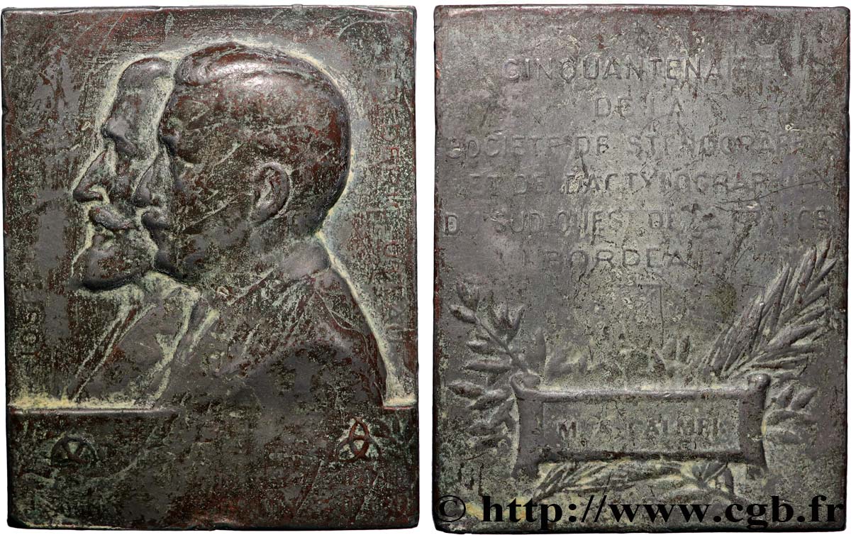 III REPUBLIC Plaquette, Joseph Soumastre et Frederic Uteau, Cinquantenaire de la Société de sténographie et dactylographie VF