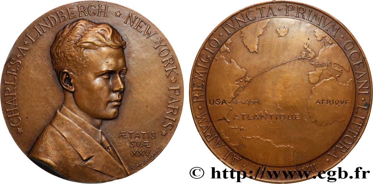 AÉRONAUTIQUE - AVIATION : AVIATEURS & AVIONS Médaille, Charles Lindbergh TTB+