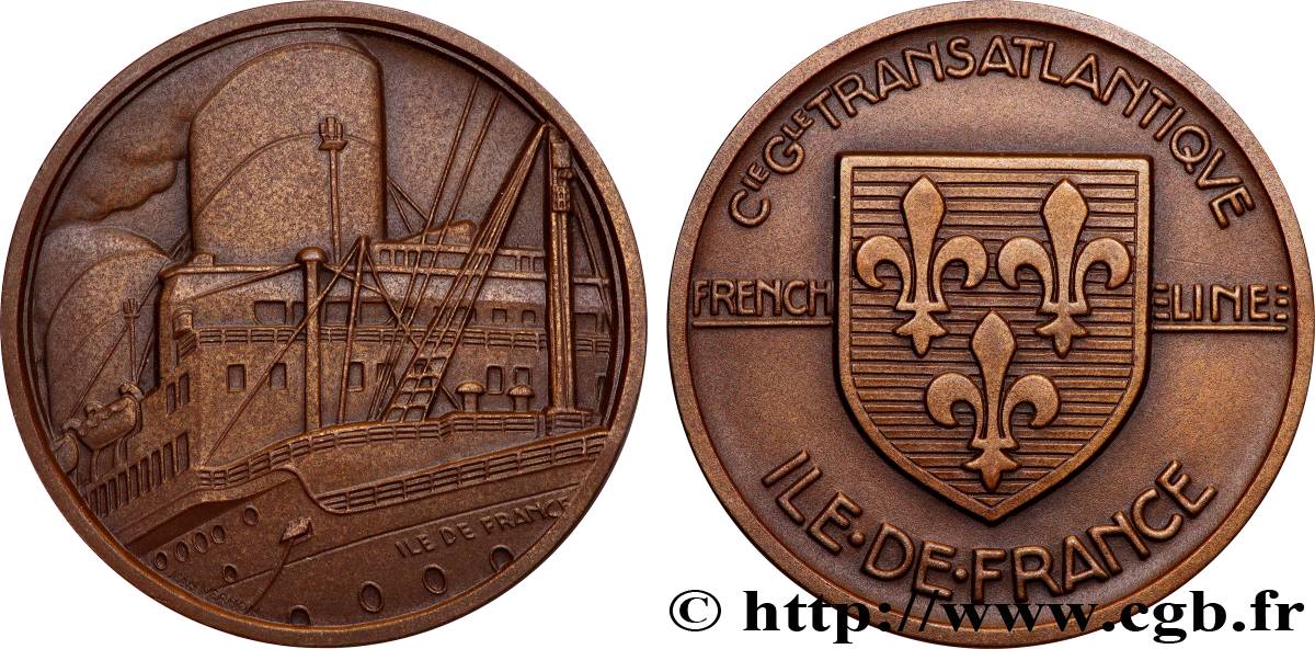 III REPUBLIC Médaille, Paquebot Ile-de-France, Compagnie Générale Transatlantique AU