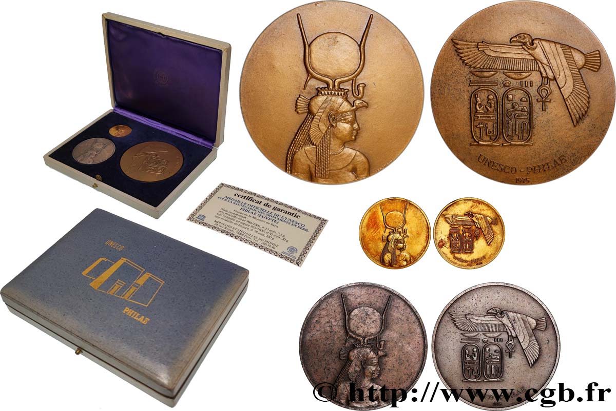 ÉGYPTE Coffret de 3 médailles, UNESCO, Sauvegarde des monuments en péril, Philae TTB+