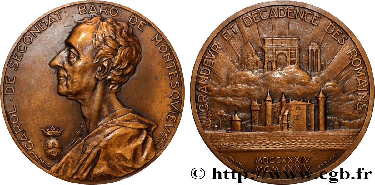 TERZA REPUBBLICA FRANCESE Médaille, Charles de Secondat, Montesquieu, Grandeur et décadence BB