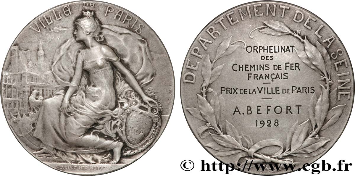 TROISIÈME RÉPUBLIQUE Médaille, Ville de Paris, Orphelinat des Chemins de Fer français TTB+/SUP