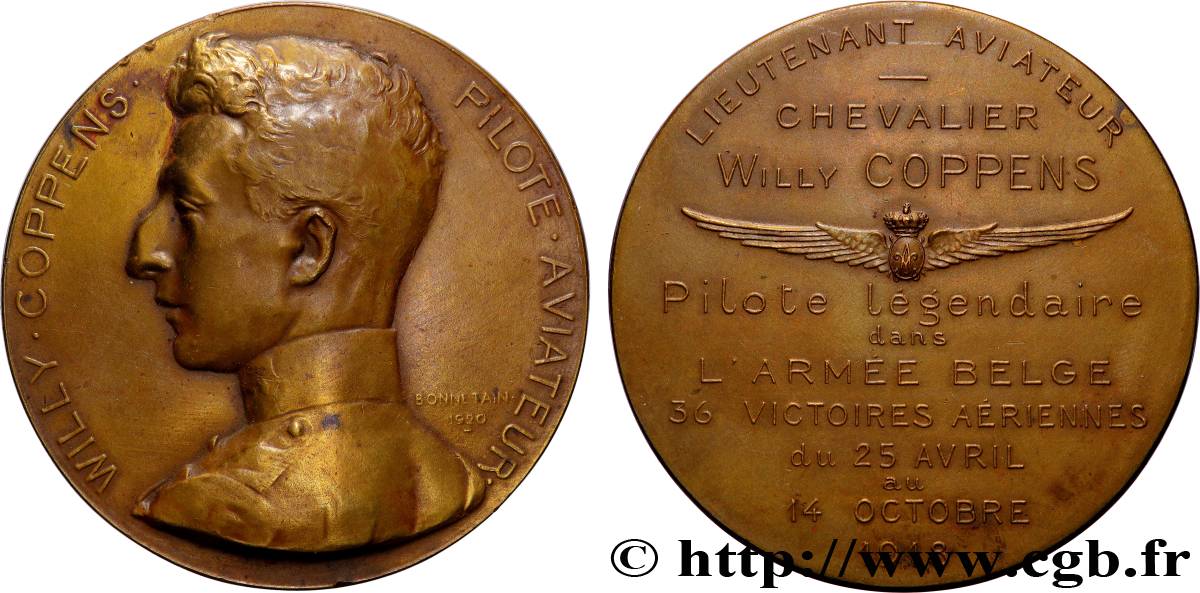 BELGIQUE - ROYAUME DE BELGIQUE - ALBERT Ier Médaille, Willy Coppens, pilote aviateur TTB+