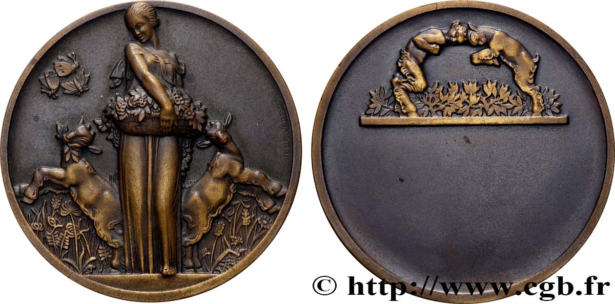 III REPUBLIC Médaille, Flore et ses chèvres par Jean Vernon AU