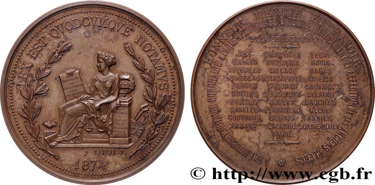 III REPUBLIC Médaille, Témoignage d’estime, dévouement et affection au notaire honoraire F. Mouchet AU