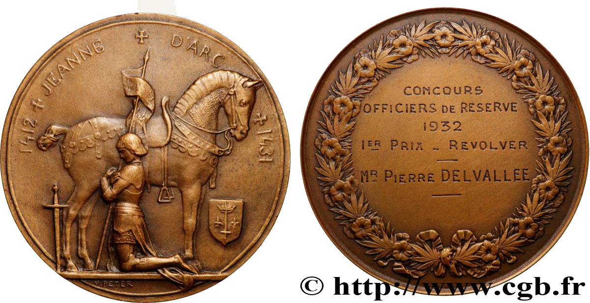 TROISIÈME RÉPUBLIQUE Médaille, Jeanne d’Arc, Concours d’officiers de réserve, Premier prix revolver SUP