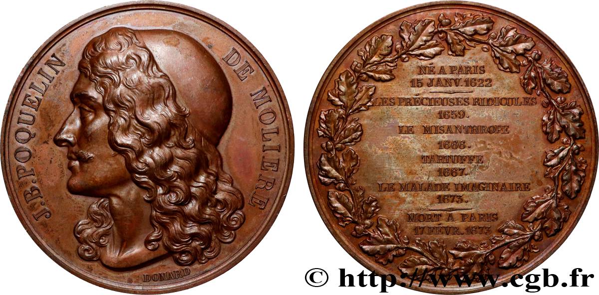 LOUIS XIV LE GRAND OU LE ROI SOLEIL Médaille, Molière, refrappe TTB+