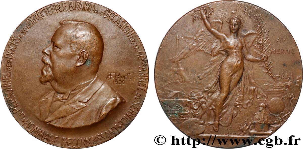 III REPUBLIC Médaille, Hommage au directeur E. Bizard, par le personnel des Docks XF