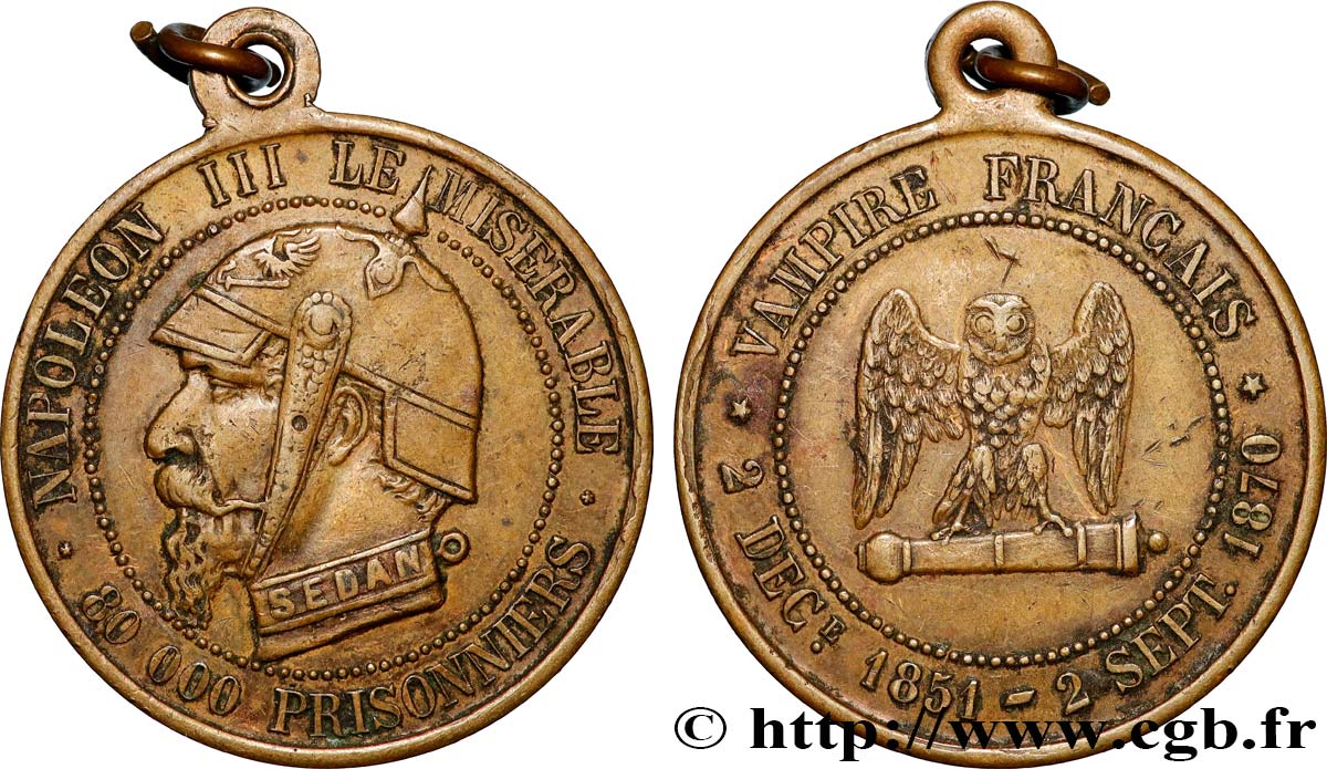 SATIRIQUES - GUERRE DE 1870 ET BATAILLE DE SEDAN Médaille, Napoléon III, Vampire français, type “chouette penchée” SS