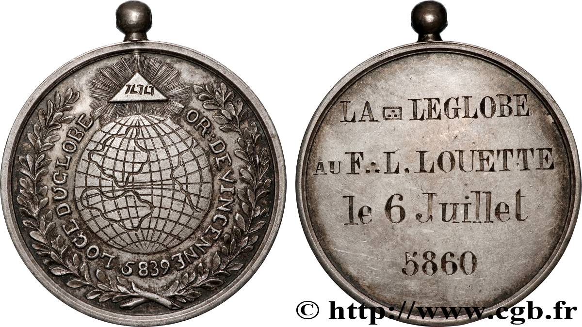 FREEMASONRY Médaille, Loge du Globe, Orient de Vincennes AU