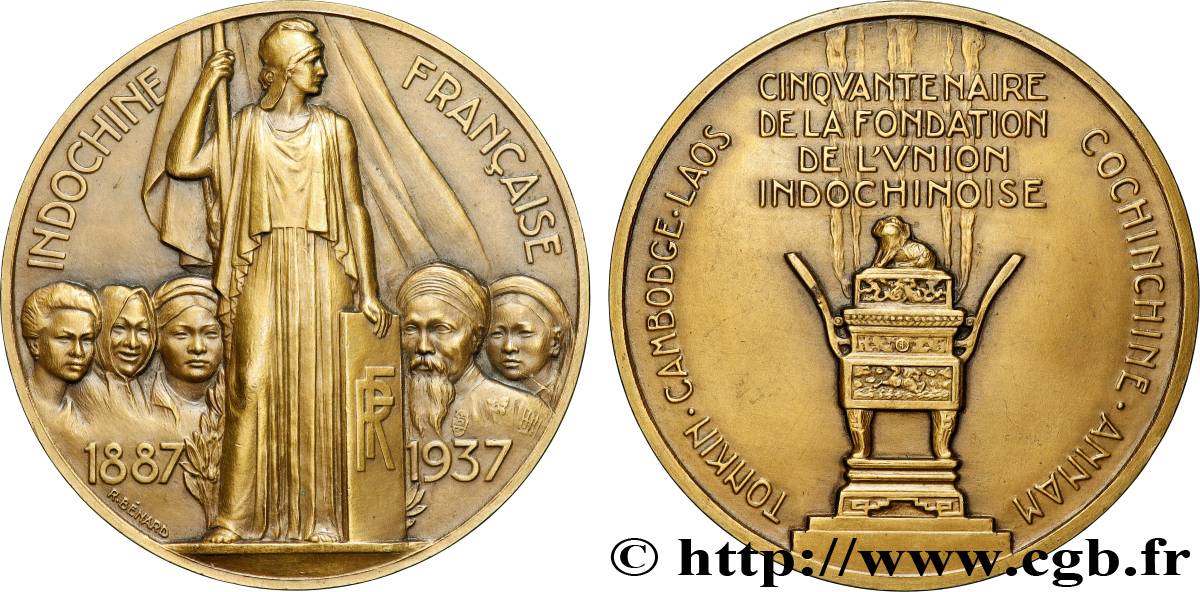 FRENCH THIRD REPUBLIC - FRENCH INDOCHINA Médaille, Cinquantenaire de la fondation de l’union indochinoise AU/AU