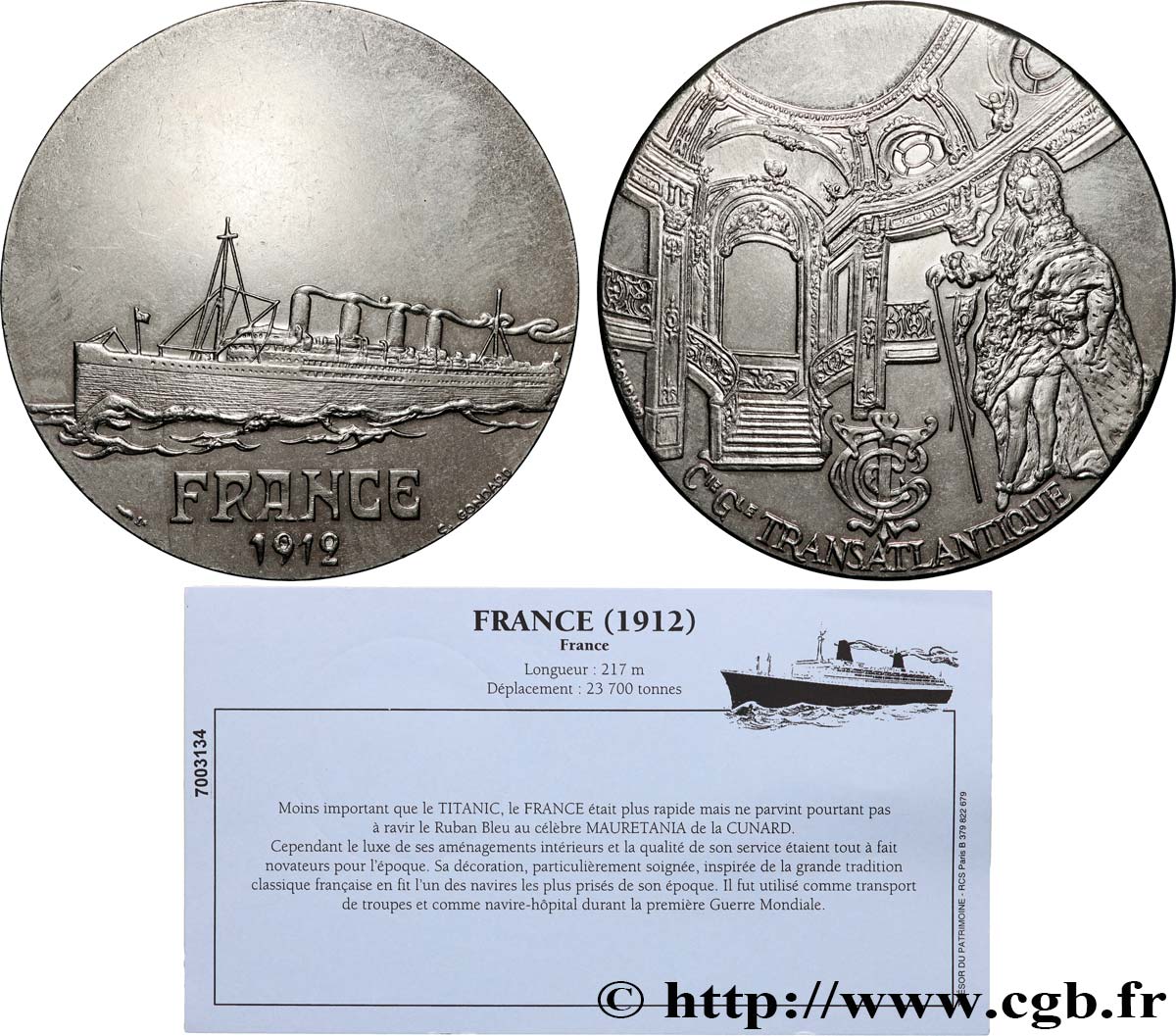 QUINTA REPUBLICA FRANCESA Médaille, Paquebot France EBC