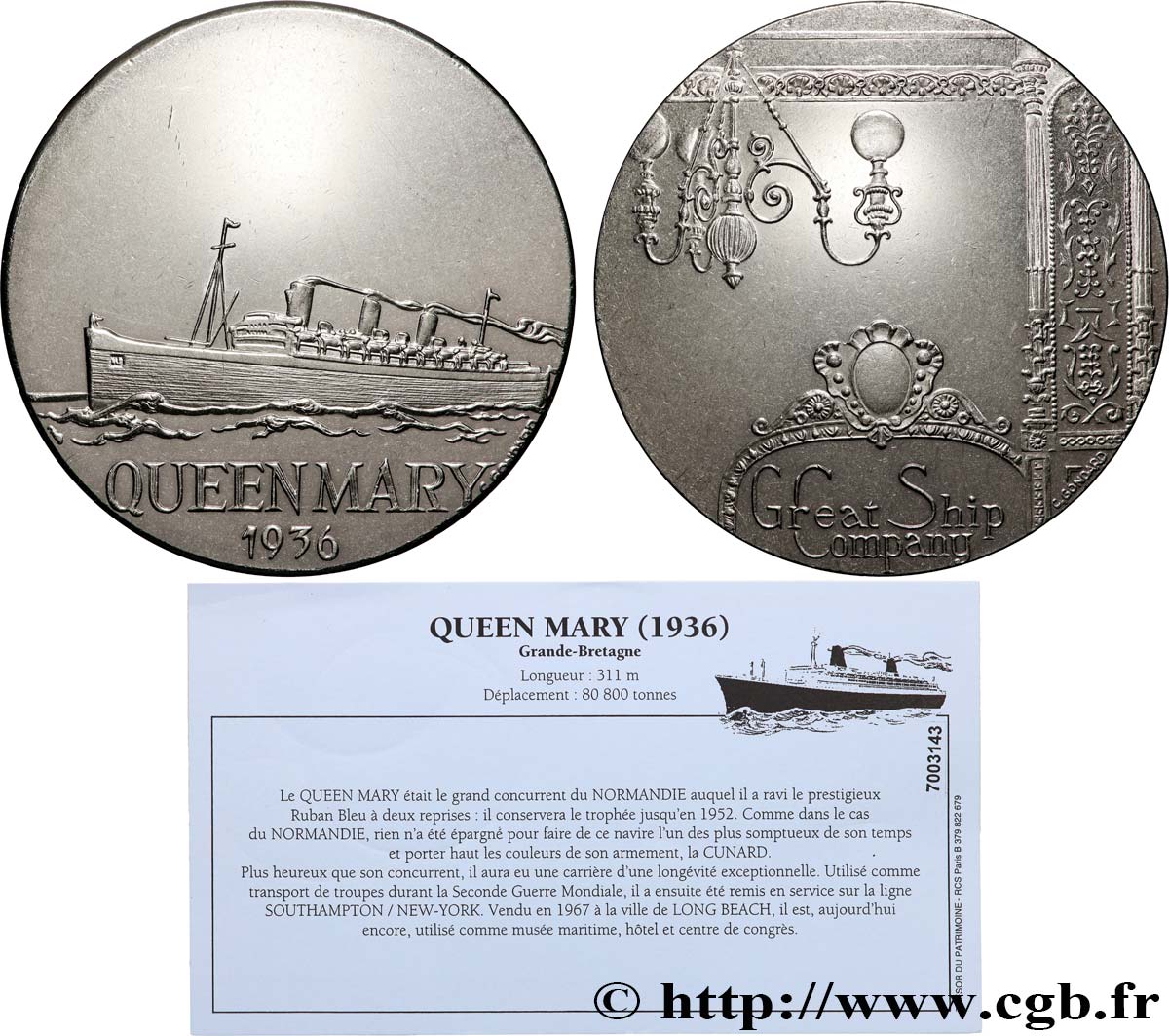 QUINTA REPUBLICA FRANCESA Médaille, Paquebot Queen Mary EBC