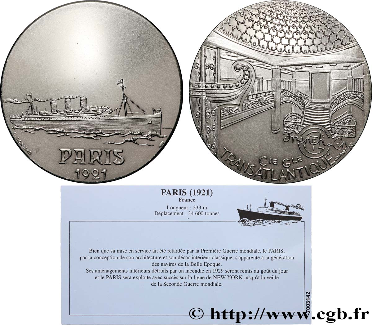 QUINTA REPUBLICA FRANCESA Médaille, Paquebot Paris EBC