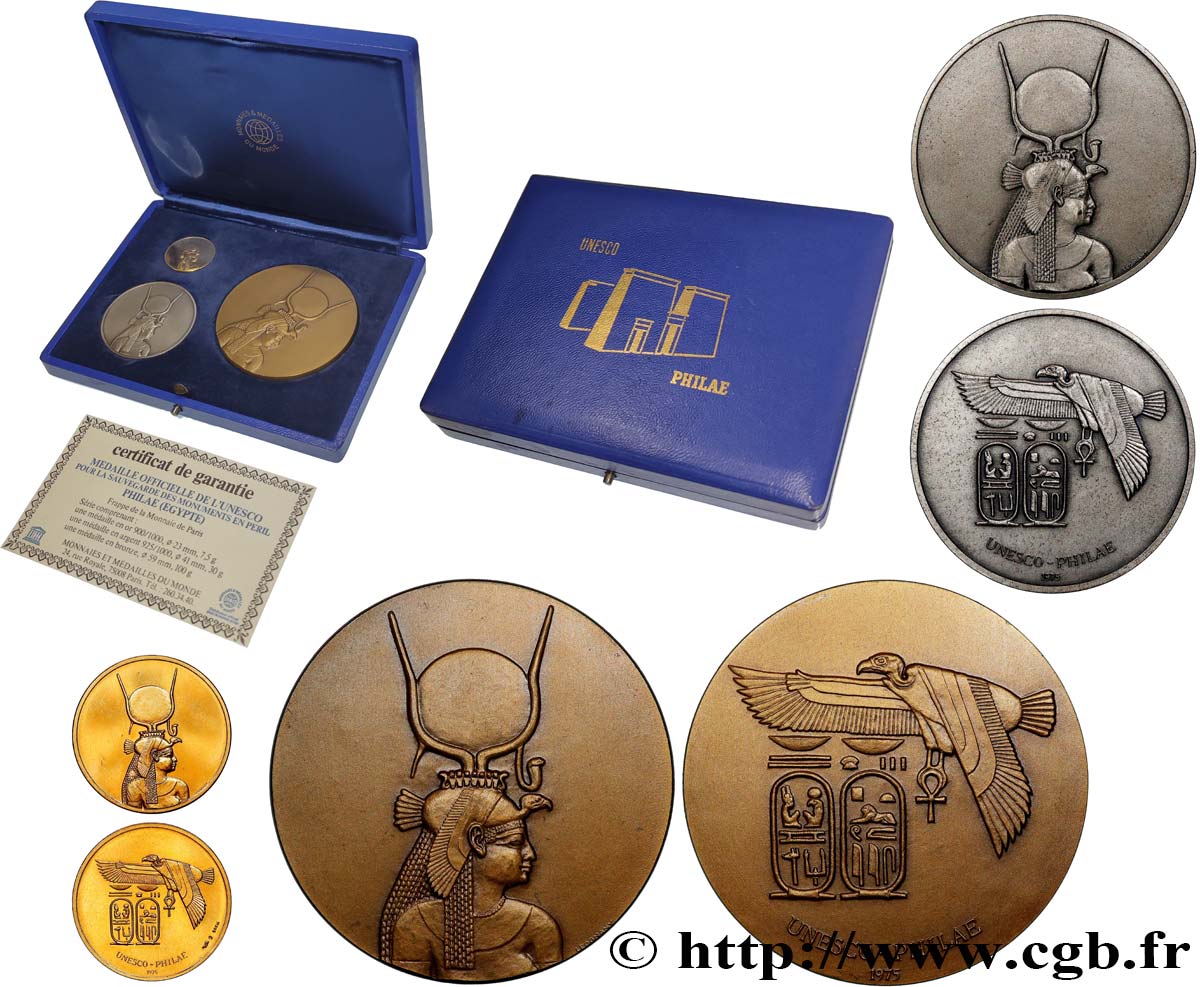 ÉGYPTE Coffret de 3 médailles, UNESCO, Sauvegarde des monuments en péril, Philae TTB+