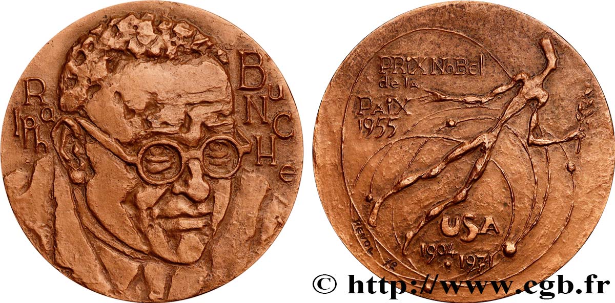 ARTISTES : GRAVEURS, PEINTRES, SCULPTEURS Médaille, Ralph Bunche, Prix nobel de la Paix AU