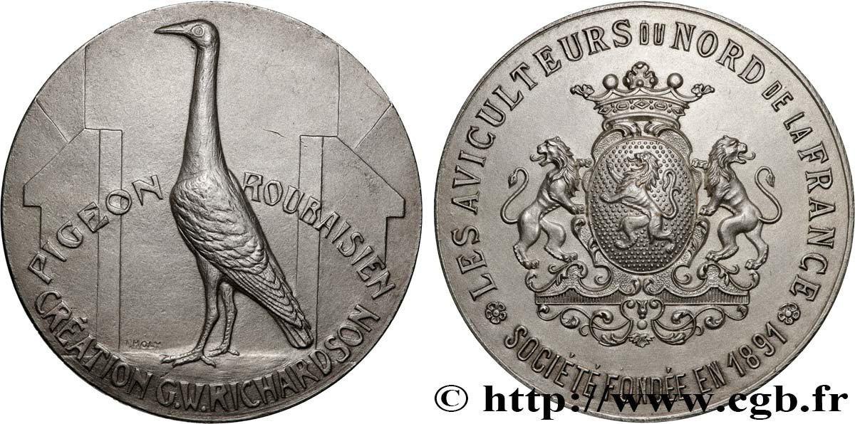 AGRICULTURAL, HORTICULTURAL, FISHING AND HUNTING SOCIETIES Médaille, Les aviculteurs du nord, Pigeon roubaisien AU