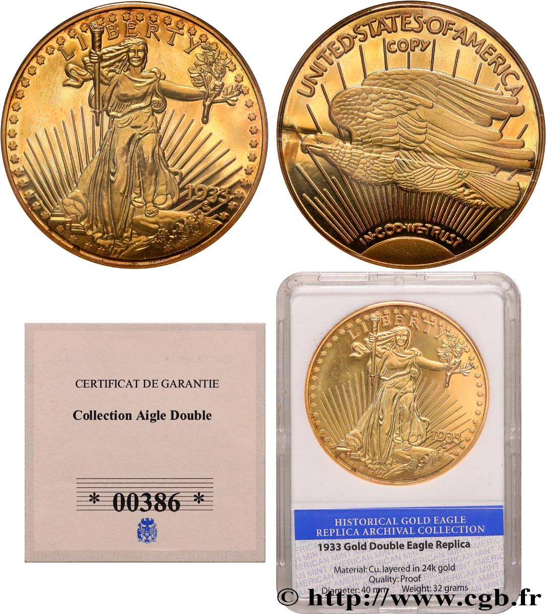 ÉTATS-UNIS D AMÉRIQUE Médaille, Reproduction de la 20 dollars Liberty 1933 BE