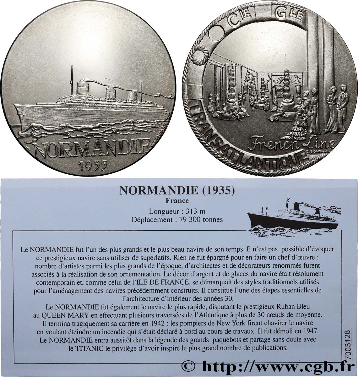 QUINTA REPUBLICA FRANCESA Médaille, Paquebot Normandie EBC