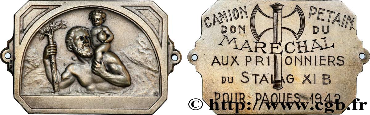 ETAT FRANÇAIS Plaquette, Saint Christophe, Offerte aux prisonniers du Stalag XI B AU