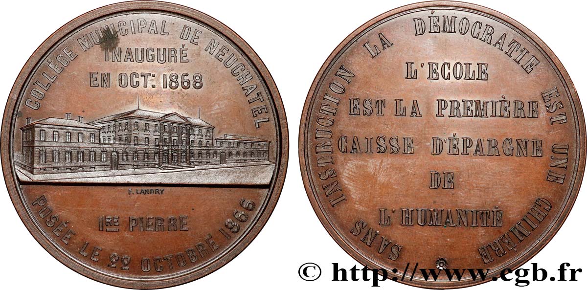 SWITZERLAND - CANTON OF NEUCHATEL Médaille, Inauguration du Collège municipal de Neuchâtel AU