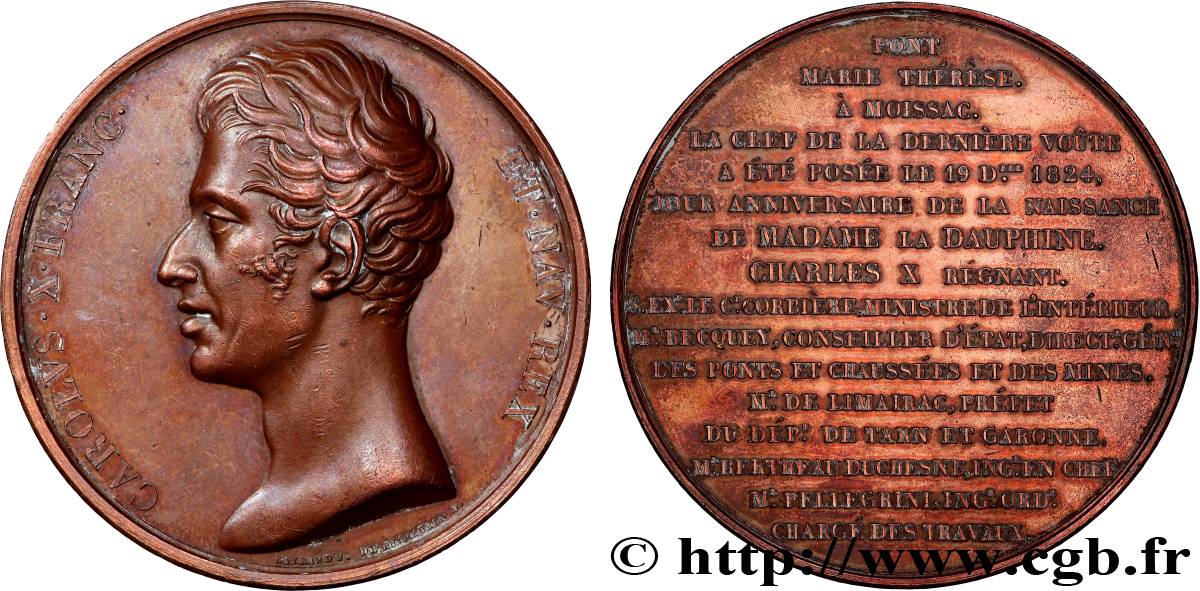 CHARLES X Médaille, Pose de la clef de la voûte du pont Marie-Thérèse à Moissac TTB