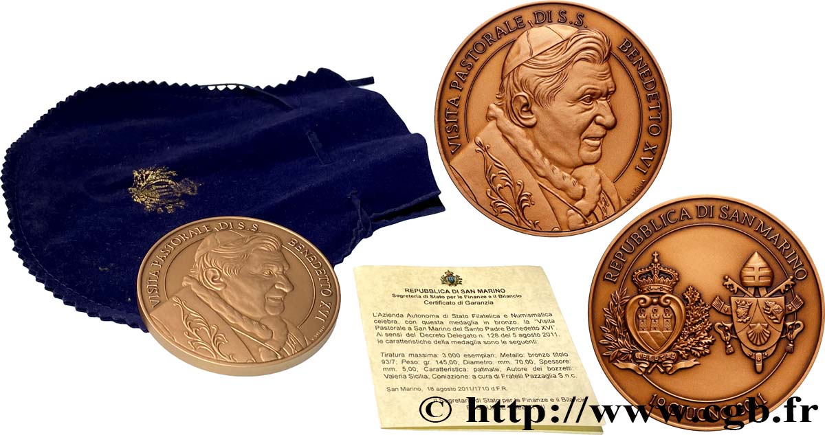 SAN MARINO Médaille, Visite papale à Saint Marin du Saint Père Benoît XVI MS